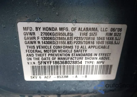 2006 Honda Pilot Ex-L from USA, damaged, VIN 5FNYF18636B028854